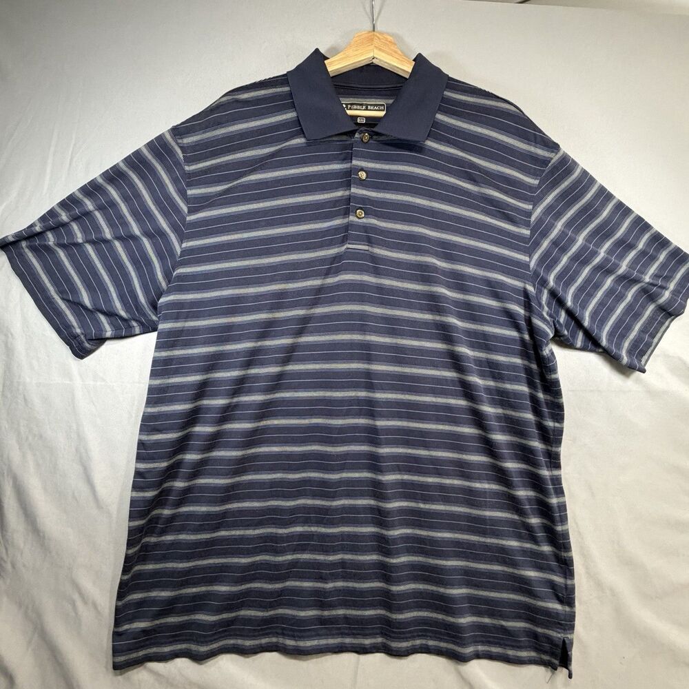 Pebble Beach Performance Men's Polo Shirt Size 2XL Blue Striped EUC Prima Cotton